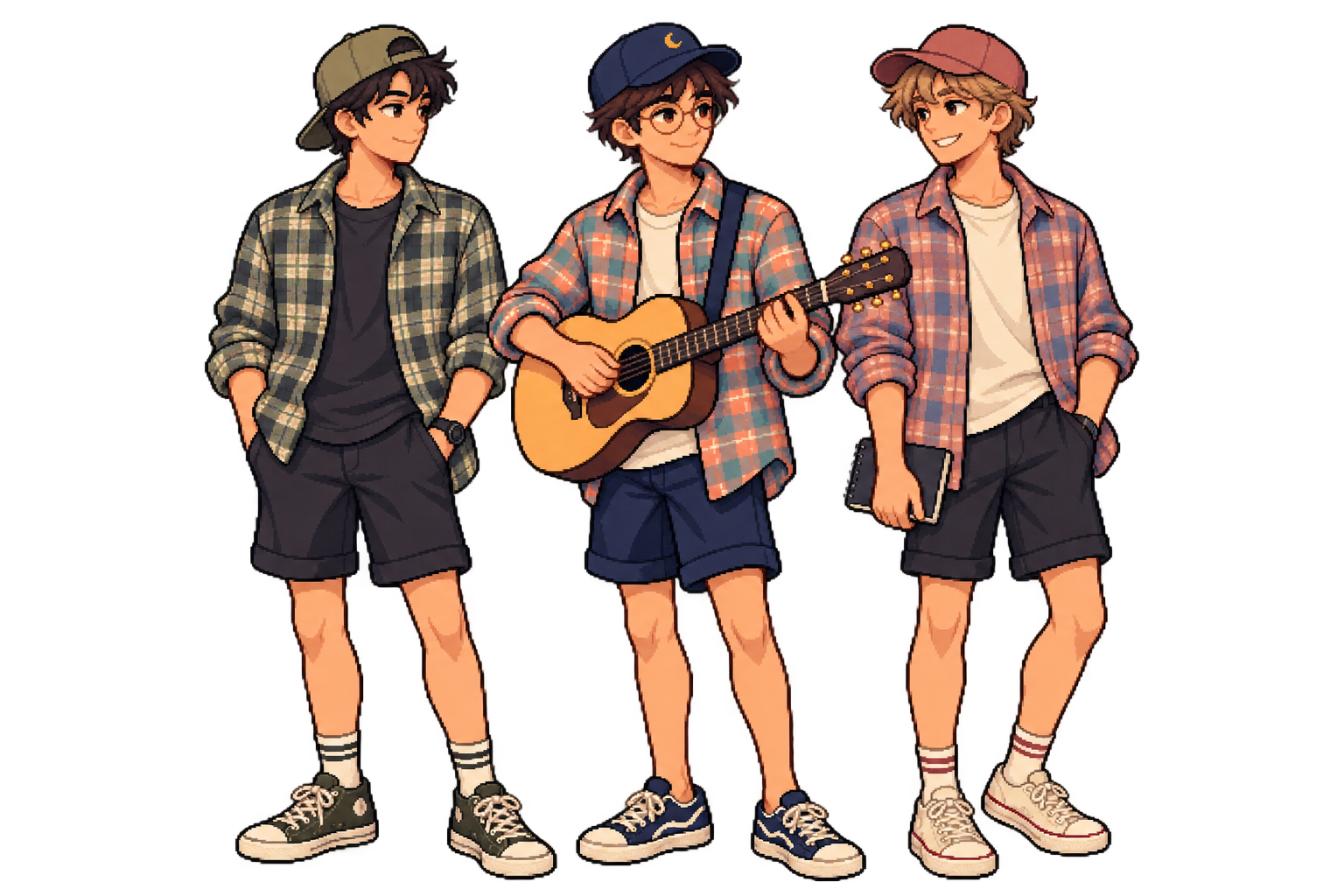 Three male bandmates together, illustrated in pixel art.